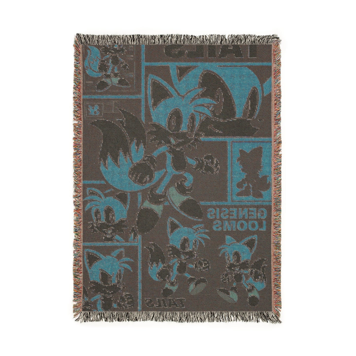 Woven blanket with cartoon character design on a white background