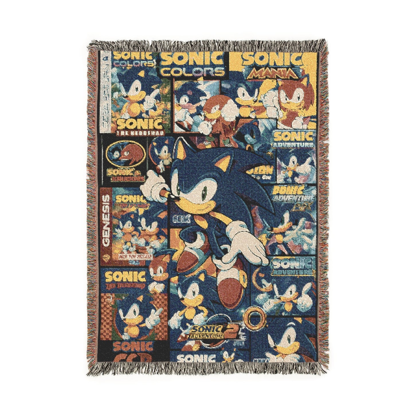 Sonic the Hedgehog-themed woven blanket with colorful graphics on a white background