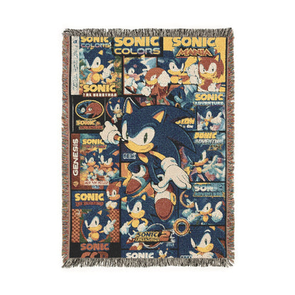 Sonic the Hedgehog-themed woven blanket with colorful graphics on a white background