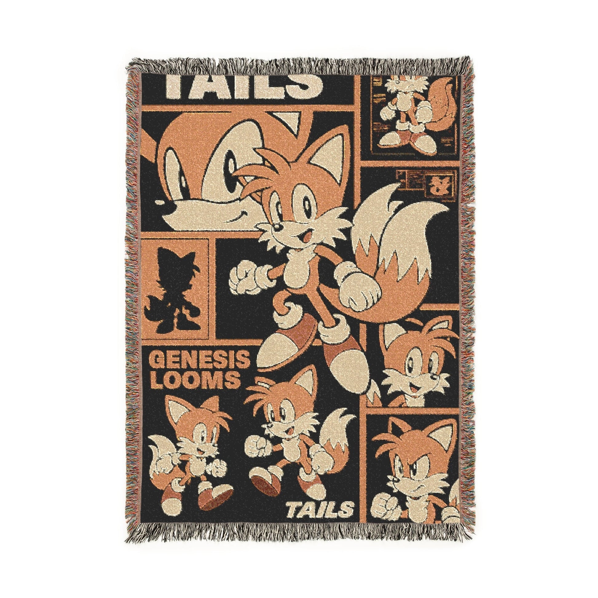 Blanket with cartoon fox design and 'Tails' branding on a white background