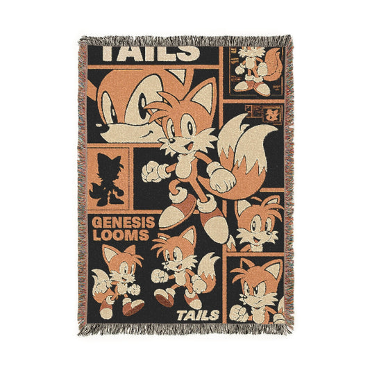 Blanket with cartoon fox design and 'Tails' branding on a white background
