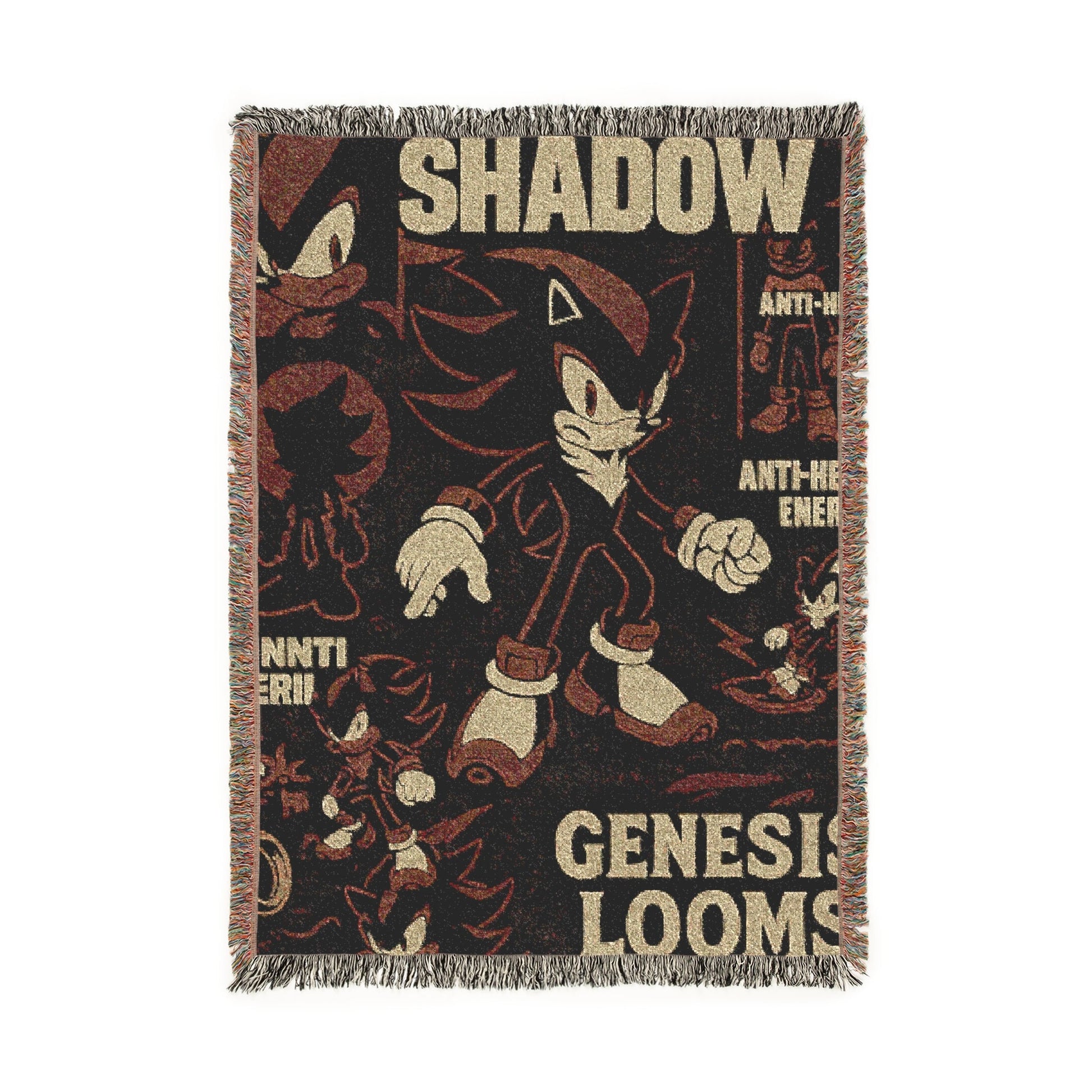 Blanket with Sonic the Hedgehog character and text on a black background