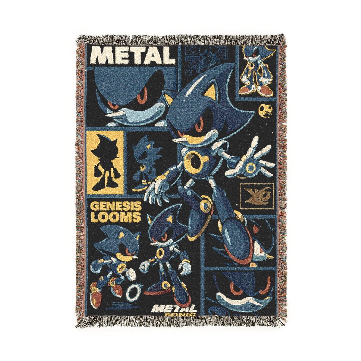 Decorative blanket with colorful abstract designs and 'Metal' text on a white background