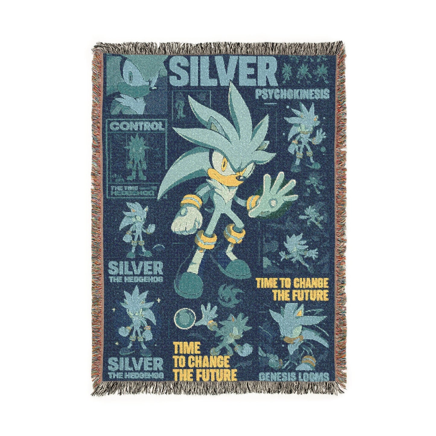Woven blanket with Sonic the Hedgehog design featuring the character Silver on a blue background.