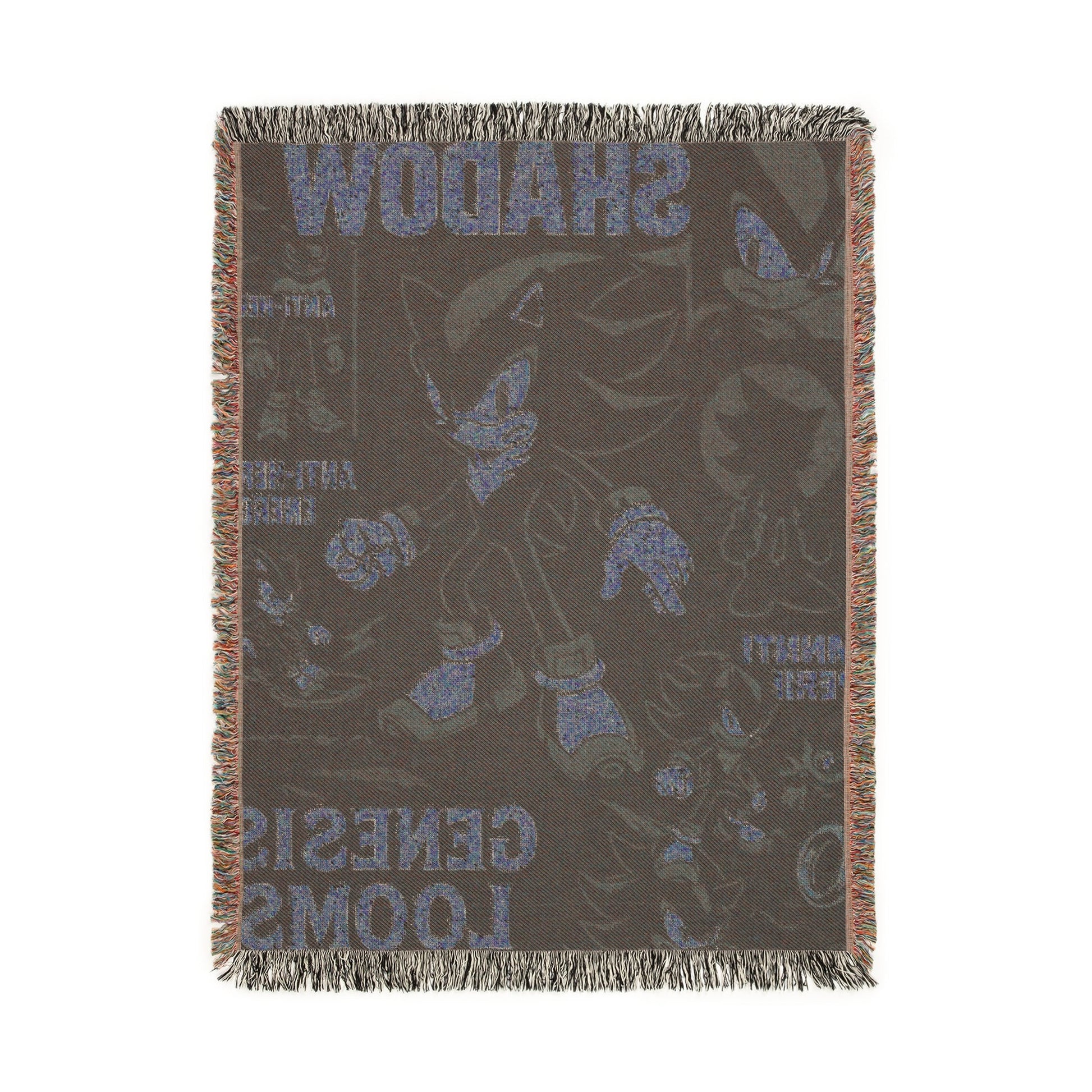 Woven blanket with graphic design and text on a white background